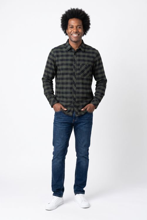 Camisa Masculina Flanela Xadrez Verde e Preta Manga Longa