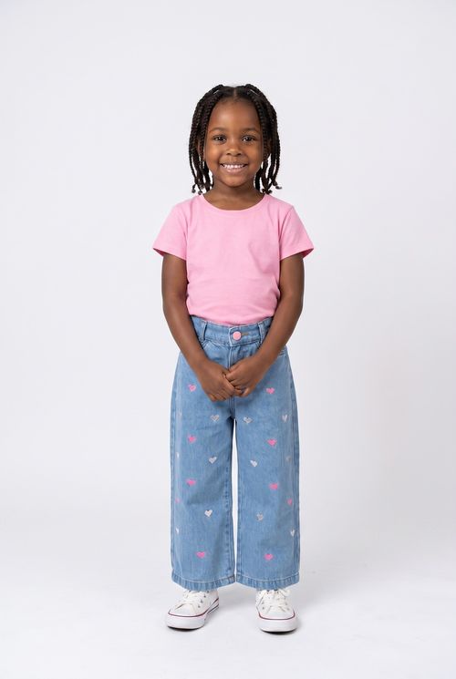 Calça Wide Leg Infantil Menina Jeans Azul Estampa Coração
