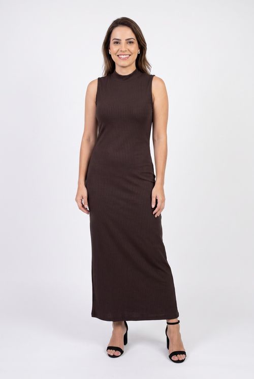 Vestido Midi Feminino Canelado Gola Alta Marrom