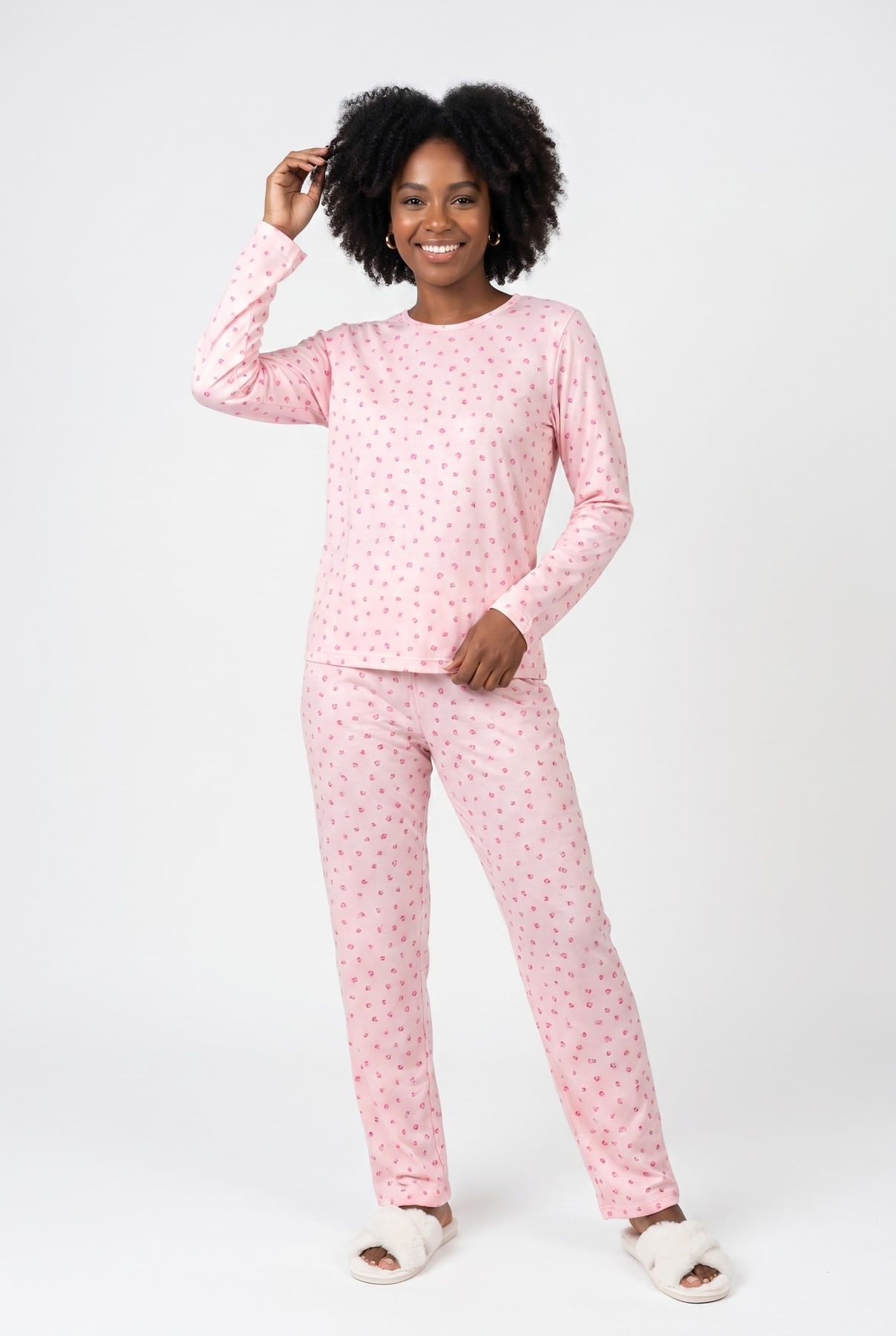 Conjunto Pijama Feminino Manga Longa Malha Canelada Flores - imagem 1