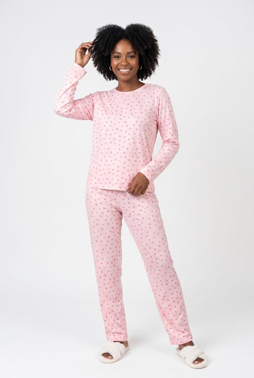 Conjunto Pijama Feminino Manga Longa Malha Canelada Flores