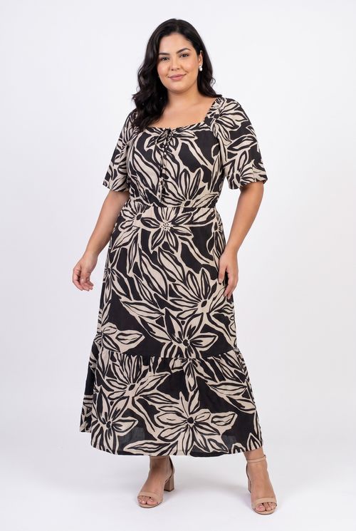 Vestido Midi Feminino Preto Plus Size Floral