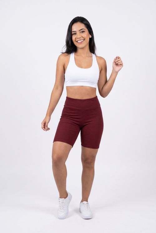 Short Biker Fitness Feminino Cintura Alta Canelado Marsala
