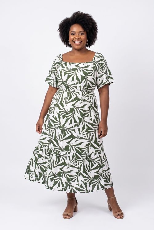 Vestido Midi Feminino Verde Estampa Botânica Decote Quadrado