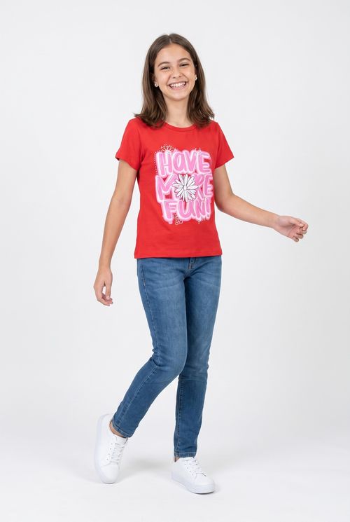Blusa Infantil Menina Vermelha Juvenil Have More Fun Flor