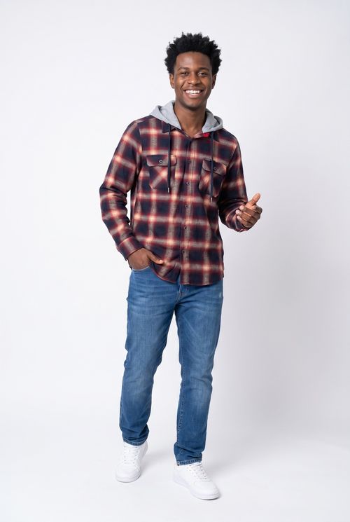 Camisa Masculina Flanela Xadrez com Capuz Marrom