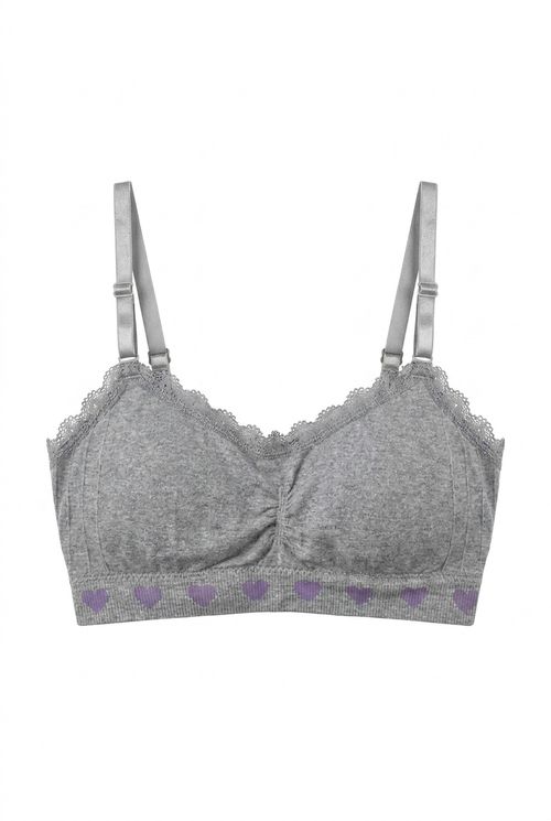 Sutiã Bralette Feminino Cinza Mescla com Renda e Corações
