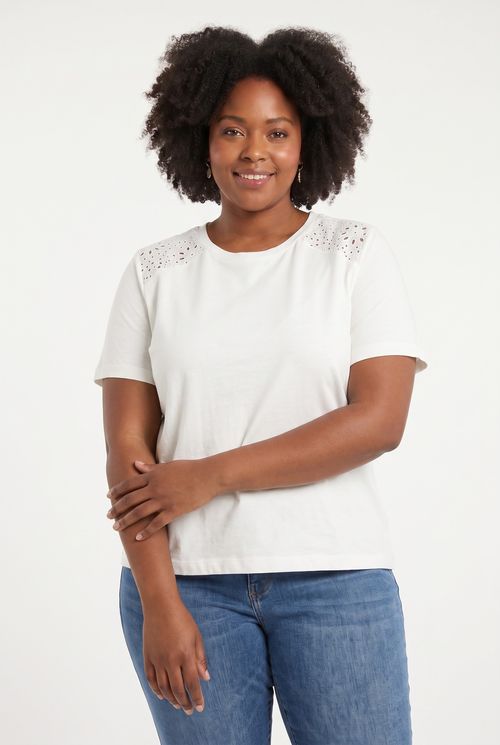 Blusa Feminina em Meia Malha com Detalhe em Laise Off White