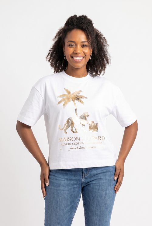 Blusa Feminina Off White com Estampa Foil Onça