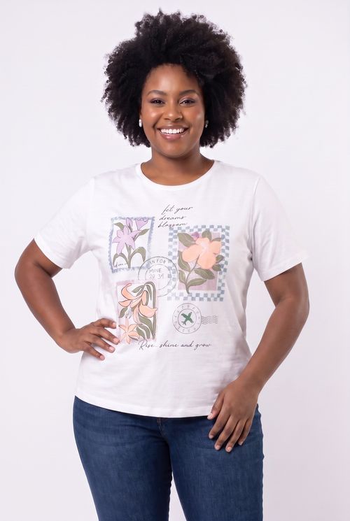 Blusa Feminina Algodão Estampa Selos Off White