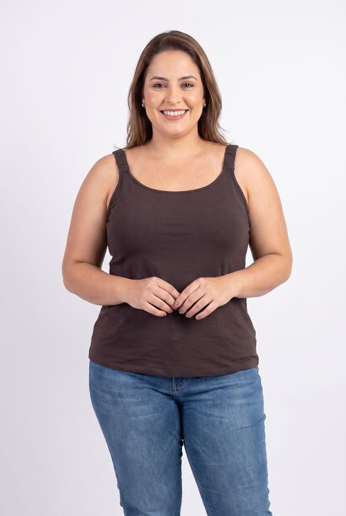 Regata Feminina Plus Size Alça Franzida Marrom