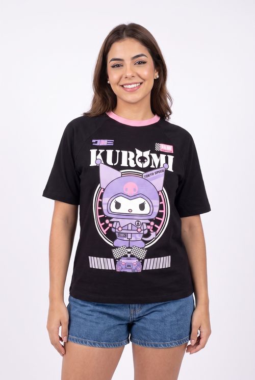 Blusa Feminina Algodão Preta Estampa Kuromi