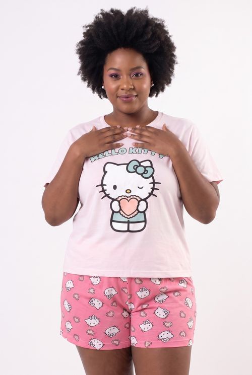 Pijama Feminino Plus Size Blusa e Shorts Rosa Claro