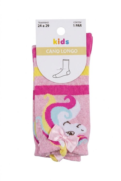 Meia Infantil Menina Estampa Unicórnio Laço 3D 24-29