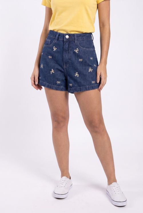 Shorts Feminino Jeans Azul Médio com Bordado Floral