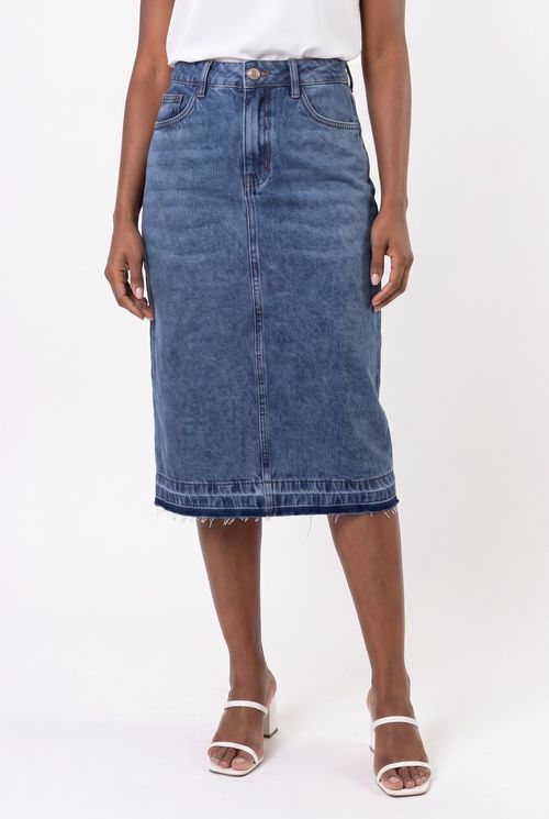 Saia Midi Feminina Jeans com Recorte Azul Médio