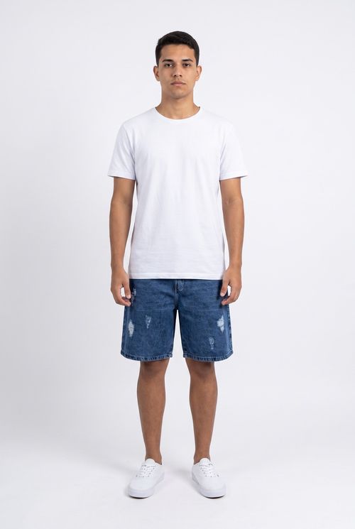 Bermuda Masculina Jeans com Rasgos Azul Médio