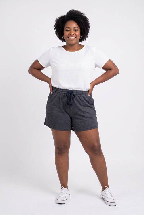Shorts Feminino Plus Size Malha Denim Chevron Azul Médio