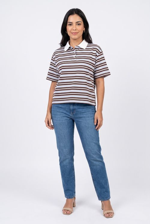 Camisa Polo Feminina Listrada Azul e Marrom