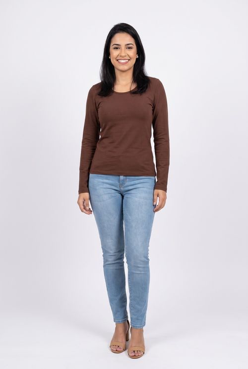 Blusa Feminina Básica Manga Longa Algodão Marrom Café