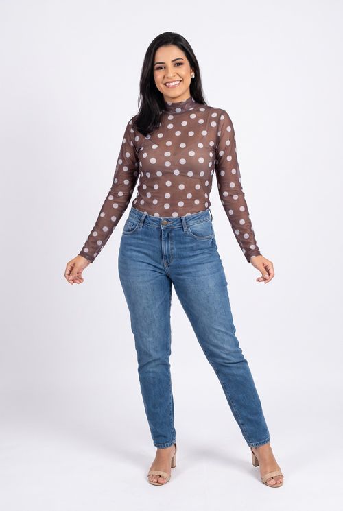 Blusa Feminina Tule Manga Longa Poá Marrom