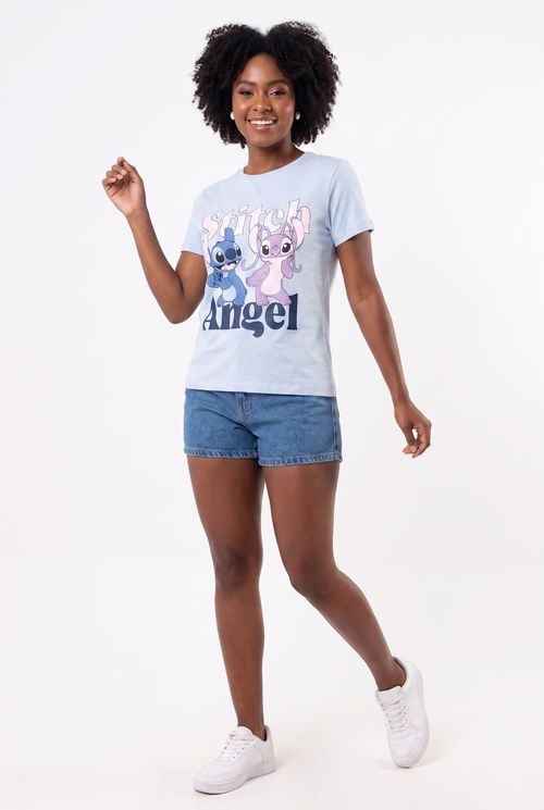 Blusa Feminina Azul Claro Estampada Stitch e Angel