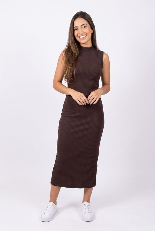 Vestido Midi Feminino Canelado Gola Alta Marrom