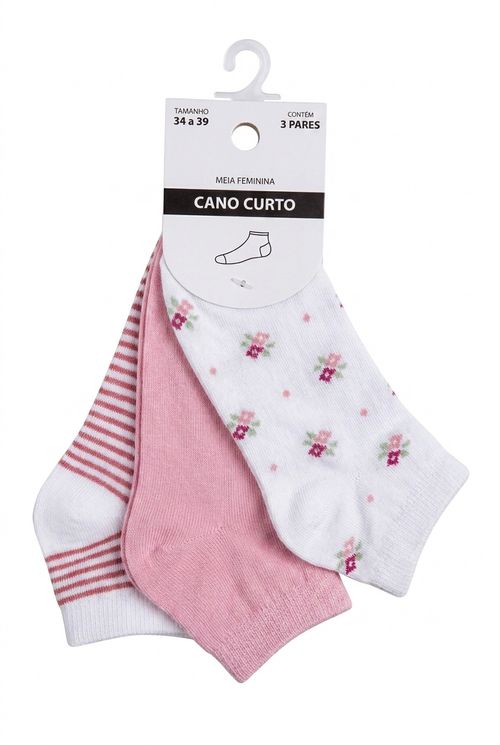 Kit 3 Meias Femininas Cano Curto Estampadas Floral