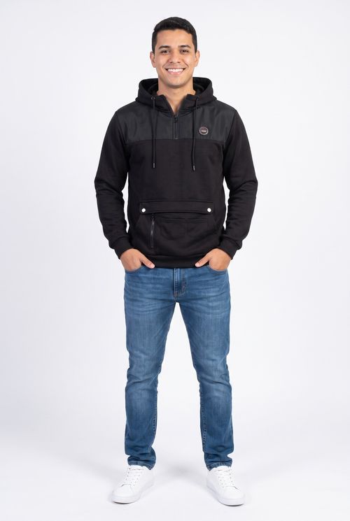Moletom Masculino com Capuz e Bolso Utilitário Preto