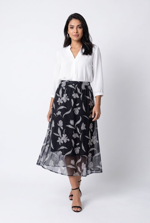Saia Midi Feminina em Tule com Estampa Floral