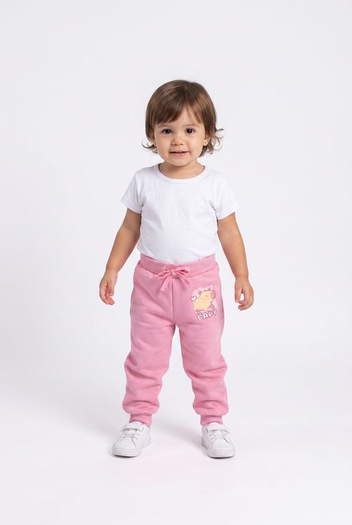 Calça Infantil Menina Moletom Rosa Estampa Capivara
