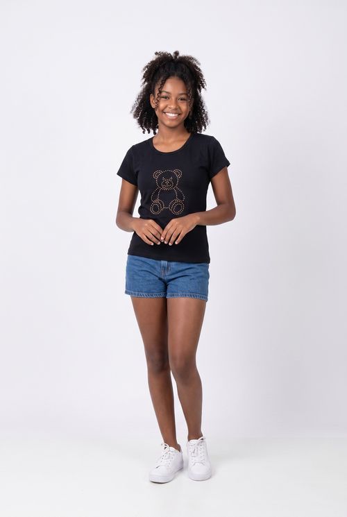 Blusa Infantil Menina Preta Estampa Urso Strass
