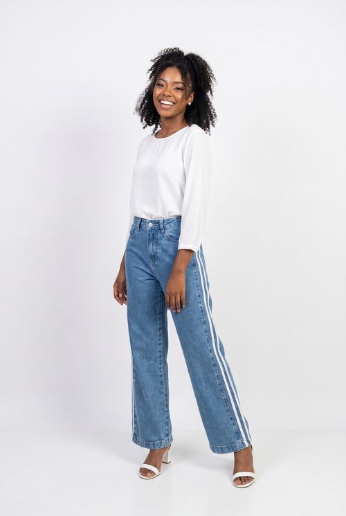 Calça Wide Leg Feminina Azul Médio com Listras Laterais