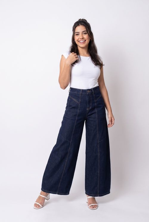 Calça Jeans Feminina Barrel Azul Escuro com Recortes