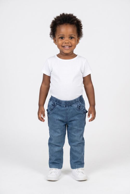 Calça Jeans Infantil Menina Reta com Babados Azul Médio