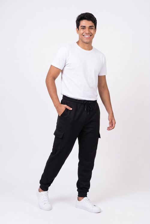 Calça Jogger Cargo Masculina Moletom Preta