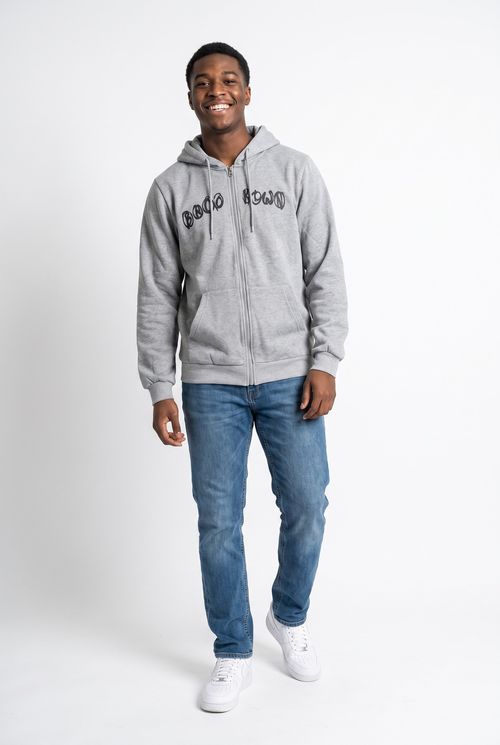 Moletom Masculino Cinza com Capuz e Estampa Urbana