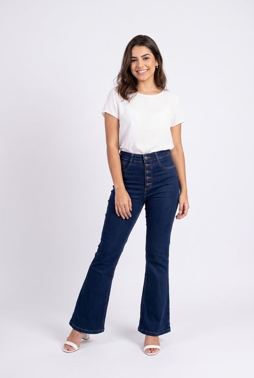 Calca fem prog 502973b jns flare bot md jeans azul escuro