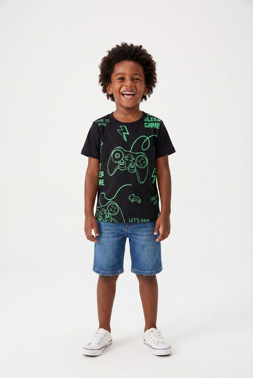 Camiseta Infantil Menino Meia Malha Preta 4 a 8 Anos
