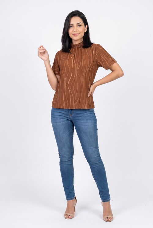 Blusa Feminina Gola Alta Estampada em Liganete