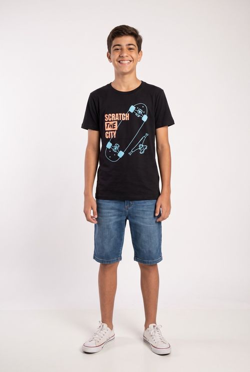 Camiseta Infantil Menino Preta 10 a 16 Anos Estampa Skate