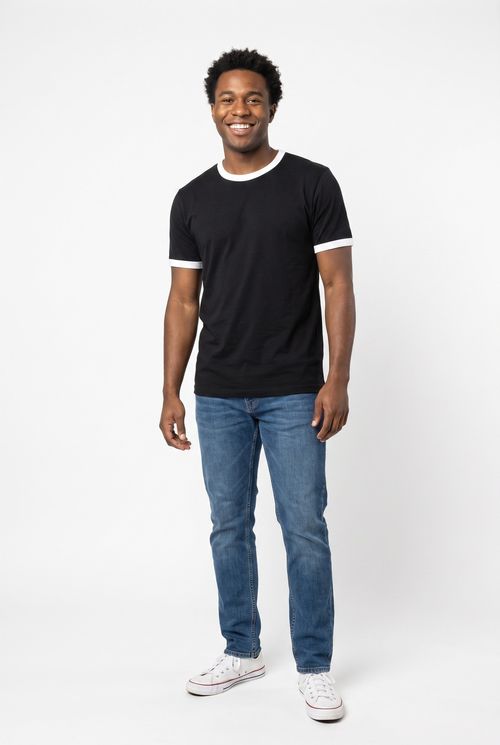 Camiseta Masculina em Meia Malha com Contraste Preta