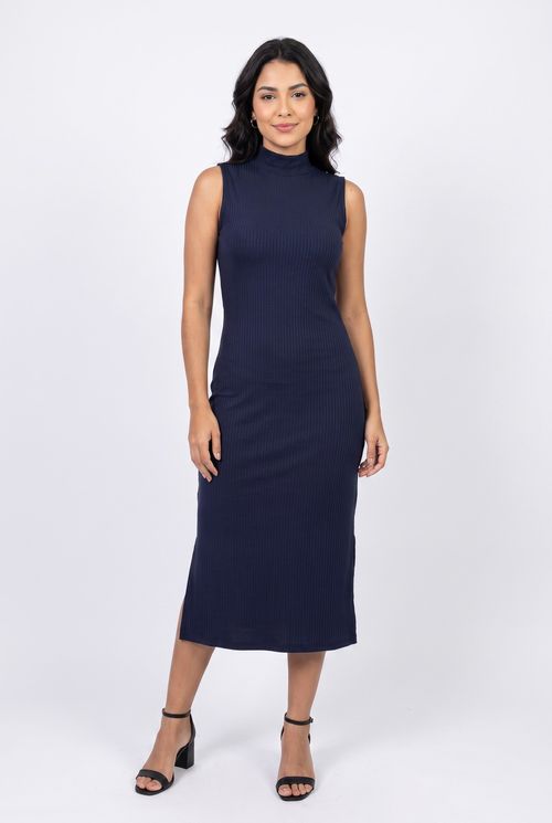 Vestido Feminino Midi em Ribana Azul Marinho
