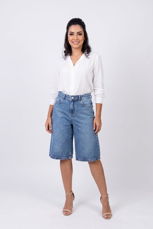Shorts Jeans Feminino Cintura Alta Azul Médio Caedu