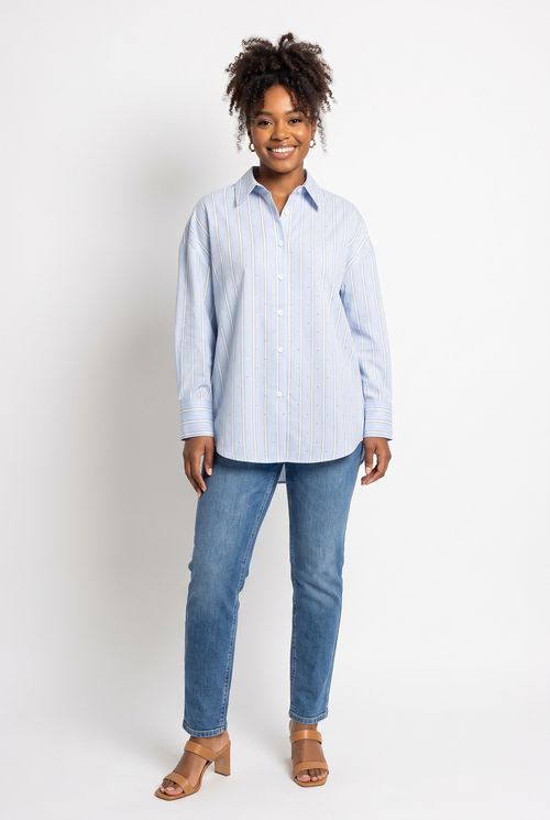 Camisa Feminina Oversized Listrada com Hotfix