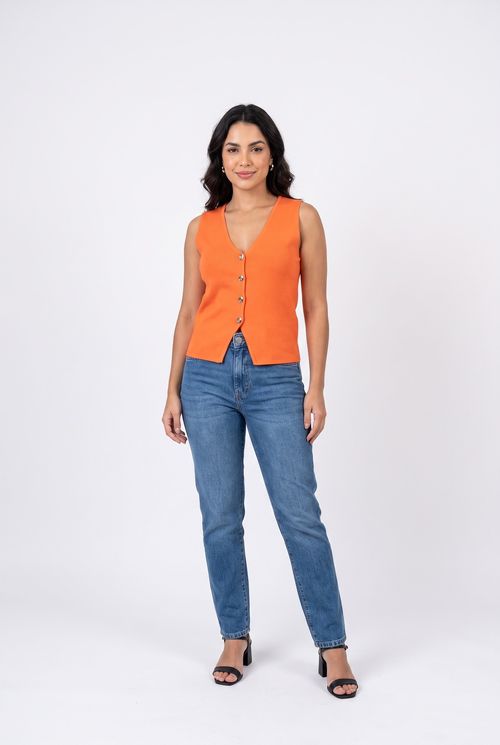 Colete Feminino em Tricô com Botões Laranja