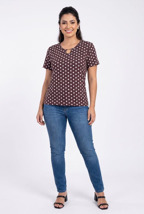 Blusa Feminina Poá com Argola Marrom
