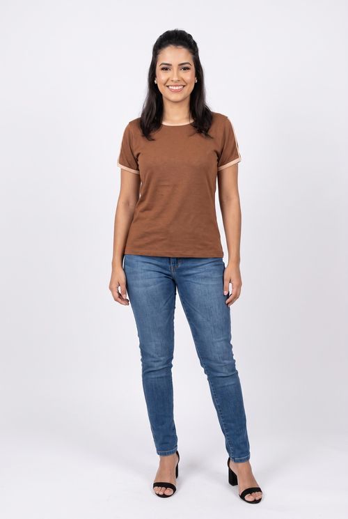 Blusa fem ctp fpsl039 m/c abert mga mar marrom medio