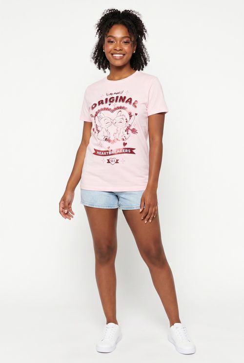Blusa Feminina Rosa Estampada Stitch e Angel Heartbreakers