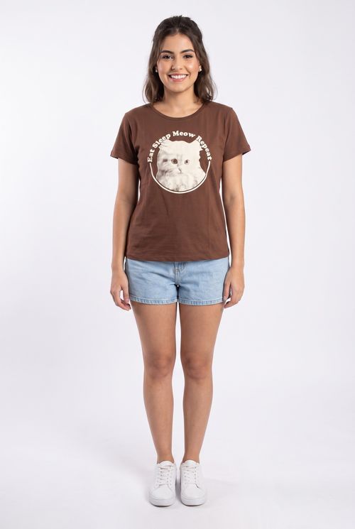 Blusa Feminina Marrom Estampa Eat Sleep Meow Repeat